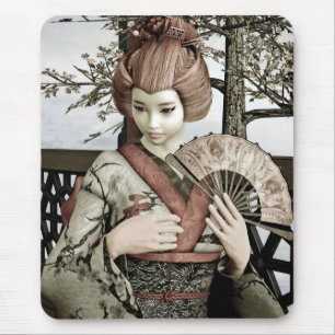 Vintage Geisha Kimono Fan Illustration Mouse Pad