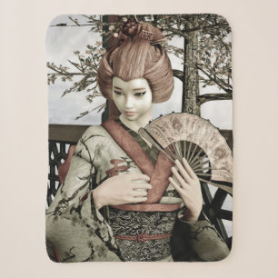 Vintage Geisha Kimono Fan Illustration Sherpa Blanket