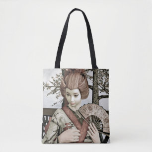 Vintage Geisha Kimono Fan Illustration Tote Bag