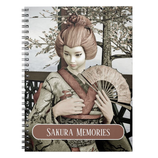 Vintage Geisha Sakura Memories Custom Text Notebook (Front)