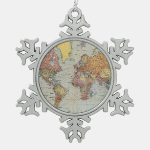 Vintage General Map of the World Snowflake Pewter Christmas Ornament