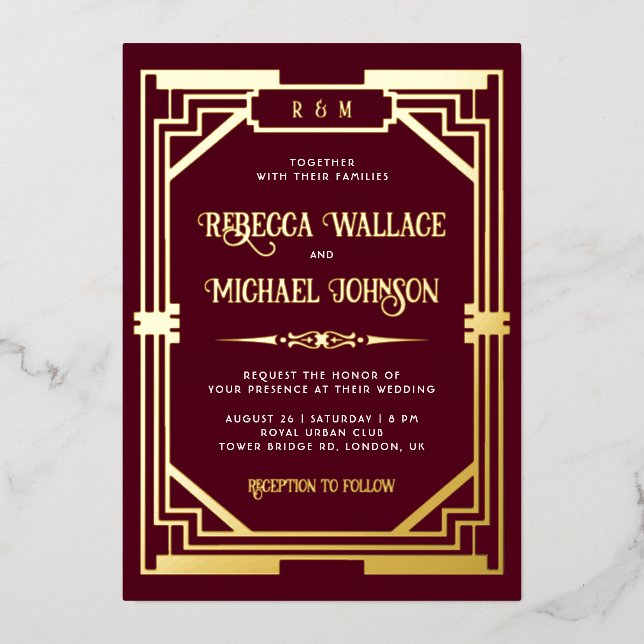 Vintage Geometric Art Deco Wedding Burgundy Gold (Front)