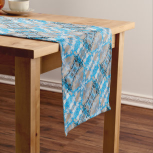 Vintage geometric blue and gray diagonal pattern short table runner