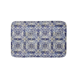 Vintage Geometric Blue White Tile Pattern  Bath Mat