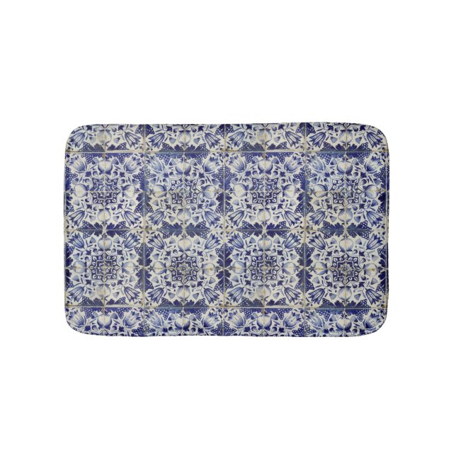 Vintage Geometric Blue White Tile Pattern  Bath Mat (Front)