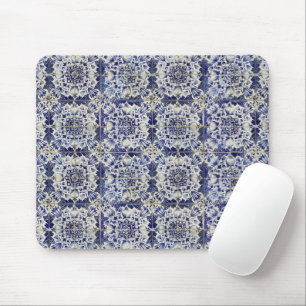Vintage Geometric Blue White Tile Pattern Mouse Pad