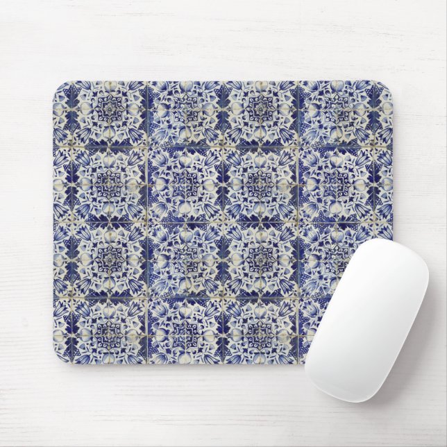Vintage Geometric Blue White Tile Pattern Mouse Pad (With Mouse)