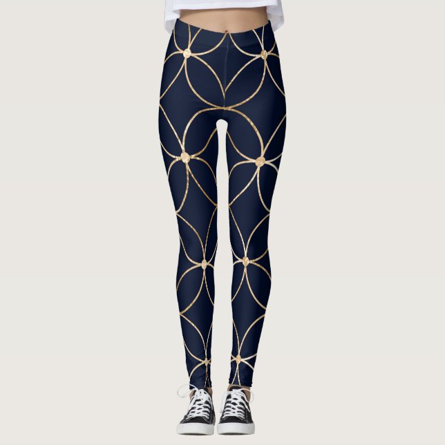 Vintage Geometric: Gold Blue Abstract Leggings (Front)