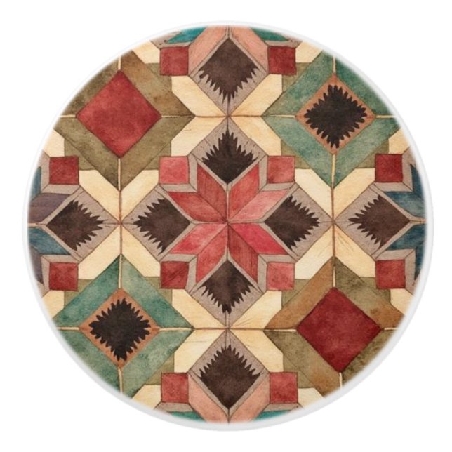 vintage Geometric Quilt Block Art Pattern  Ceramic Knob (Front)