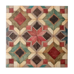 vintage Geometric Quilt Block Art Pattern Ceramic Tile