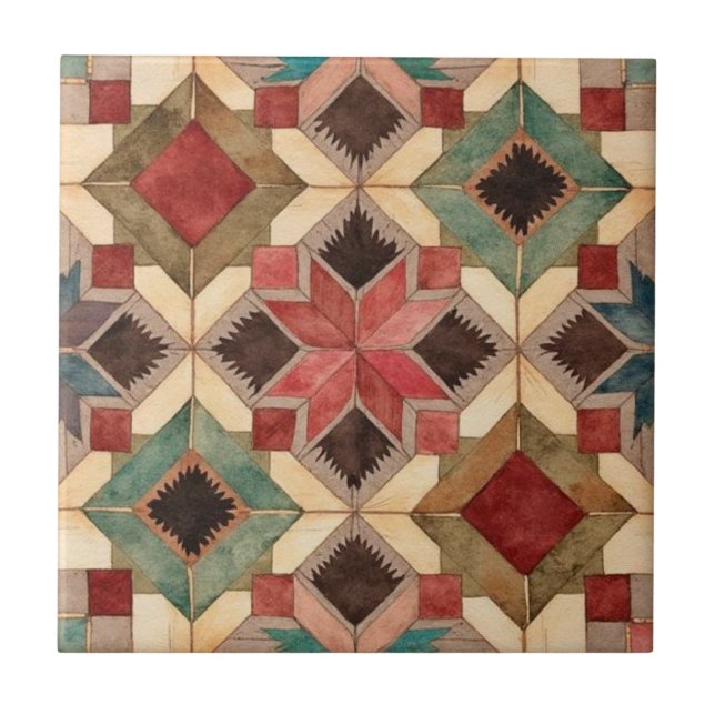 vintage Geometric Quilt Block Art Pattern  Ceramic Tile (Front)