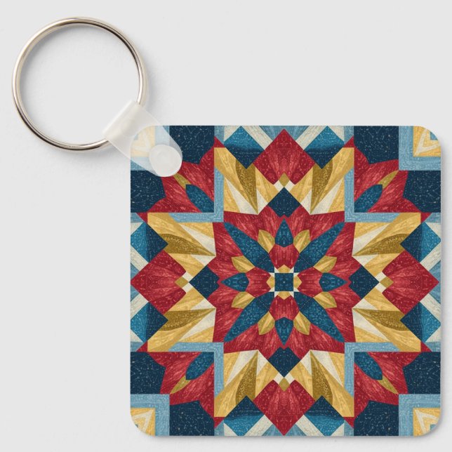 vintage Geometric Quilt Block Art Pattern  Key Ring (Front)