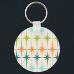 Vintage Geometric Starbursts Button Keychain<br><div class="desc">Vintage. Geometrics. Starbursts. If you love any of those words, this retro Vintage Geometric Starbursts Button Keychain is for you. This mid century modern design features a cream background with rows of turquoise, lime green, orange, and teal starbursts. This mod design pairs beautifully with Strange Little Onion’s Retro Atomic Mobile...</div>