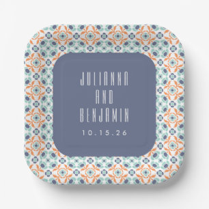Vintage Geometric Tiles Motif Blue Wedding Custom Paper Plate