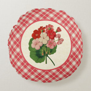 Vintage Geraniums with Pink Plaid Round Pillow
