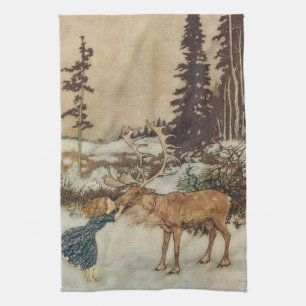 Vintage Gerda and the Reindeer by Edmund Dulac Tea Towel