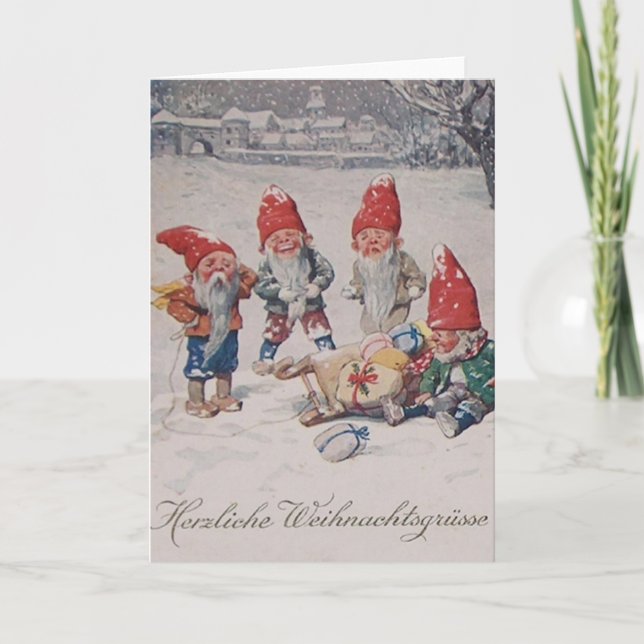 Vintage German Dwarfs Elves Christmas Card (Front)