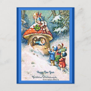 Vintage German New Year Children & Mushroom House Postcard
