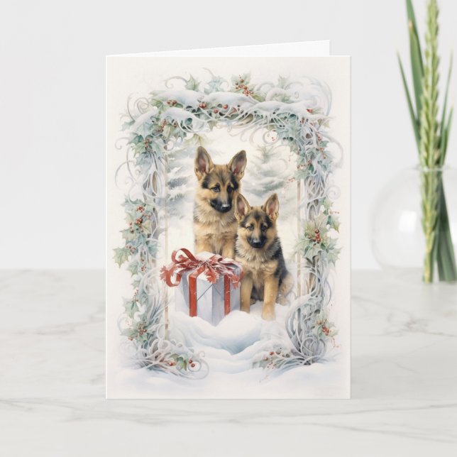 Vintage German Shepherd Christmas Holiday Card (Front)