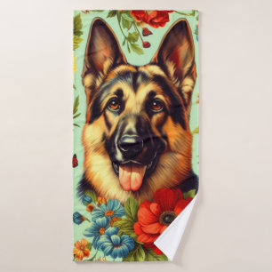 Vintage German Shepherd Floral Bath Towel