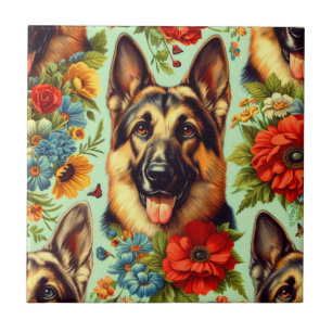 Vintage German Shepherd Floral Ceramic Tile