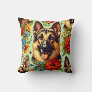 Vintage German Shepherd Floral Cushion