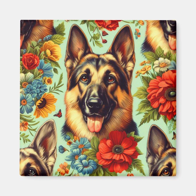 Vintage German Shepherd Floral Magnet (Front)
