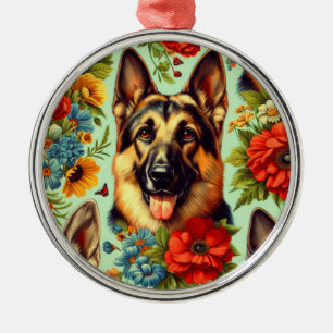 Vintage German Shepherd Floral Metal Ornament
