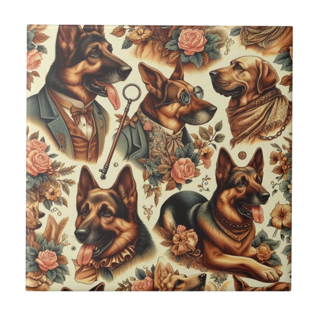 Vintage German Shepherd Illustration Ceramic Tile (Front)