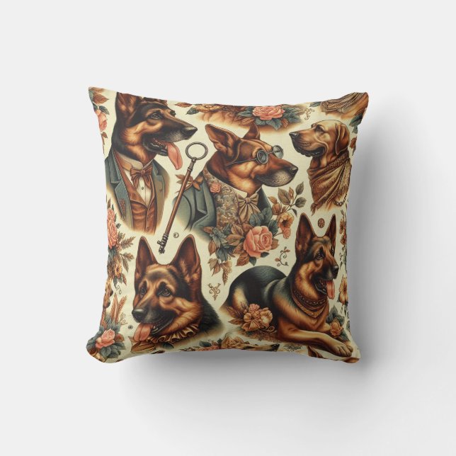 Vintage German Shepherd Illustration Cushion (Front)