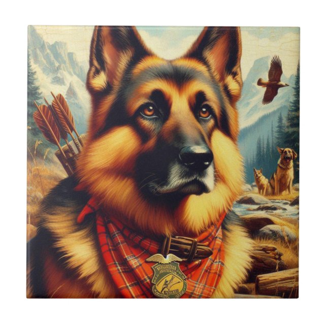 Vintage German Shepherd Painting Ceramic Tile (Front)