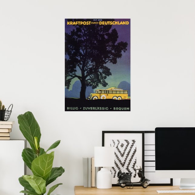Vintage Germany, Yellow Bus at Night, Travel Art Poster (Home Office)