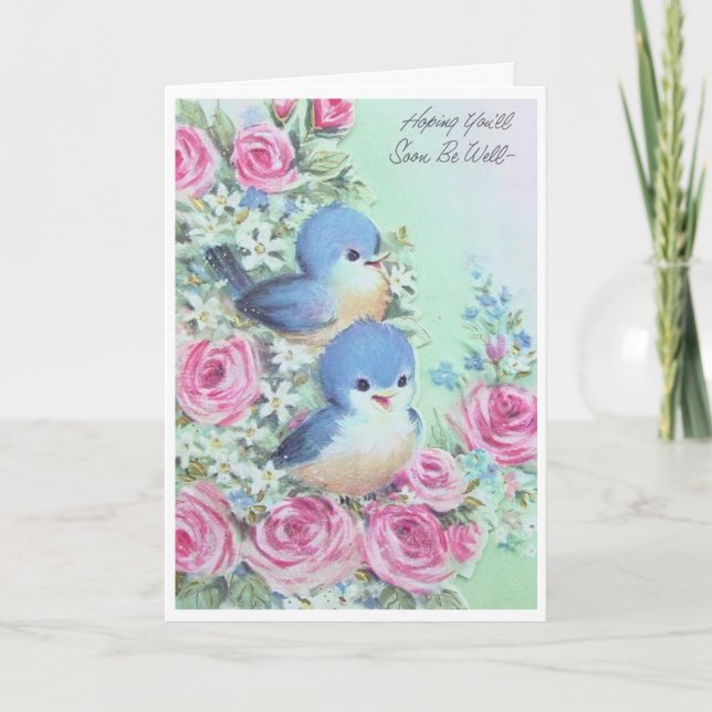 Vintage Get Well - Bluebirds and Pink Roses, Card (Front)