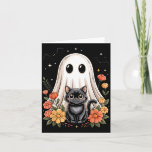 Vintage Ghost Black Cat Floral Halloween Spooky Card