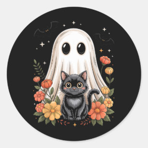 Vintage Ghost Black Cat Floral Halloween Spooky Classic Round Sticker