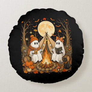 Vintage Ghost Campfire Camping Autumn Halloween Round Cushion