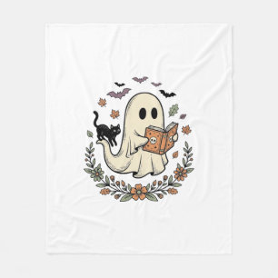 Vintage Ghost Cat Halloween Floral Vector Design_1 Fleece Blanket