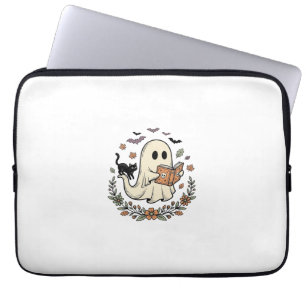 Vintage Ghost Cat Halloween Floral Vector Design_1 Laptop Sleeve