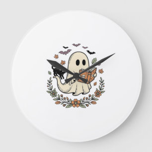 Vintage Ghost Cat Halloween Floral Vector Design_1 Large Clock