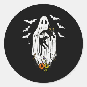 Vintage Ghost Holding Cat Halloween Kitty Meow Cat Classic Round Sticker