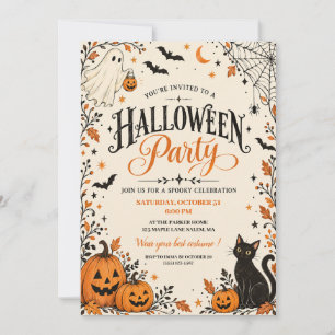 Vintage Ghost Pumpkin Black Cat Halloween Party Invitation