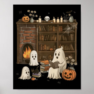 Vintage Ghost Reading Book Lovers Library Hallowee Poster
