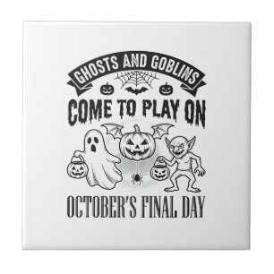 Vintage Ghosts And Goblins Halloween Shirt Design_ Ceramic Tile