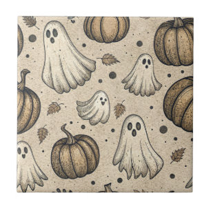 Vintage Ghosts & Pumpkins Halloween Pattern (2) Ceramic Tile