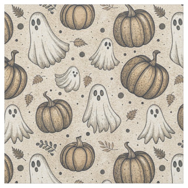 Vintage Ghosts & Pumpkins Halloween Pattern (2) Fabric (Close Up)