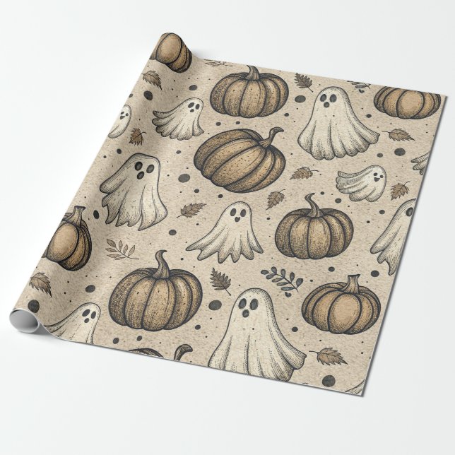 Vintage Ghosts & Pumpkins Halloween Pattern (2) Wrapping Paper (Unrolled)