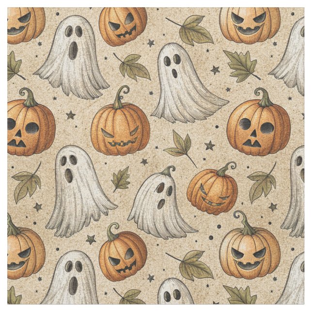 Vintage Ghosts & Pumpkins Halloween Pattern Fabric (Close Up)