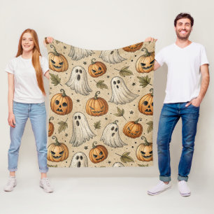 Vintage Ghosts & Pumpkins Halloween Pattern Fleece Blanket