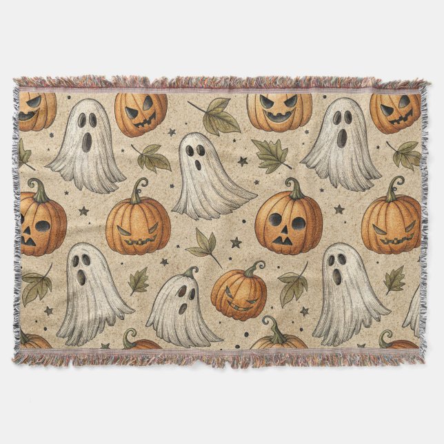 Vintage Ghosts & Pumpkins Halloween Pattern Throw Blanket (Front)