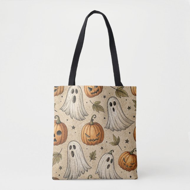 Vintage Ghosts & Pumpkins Halloween Pattern Tote Bag (Front)